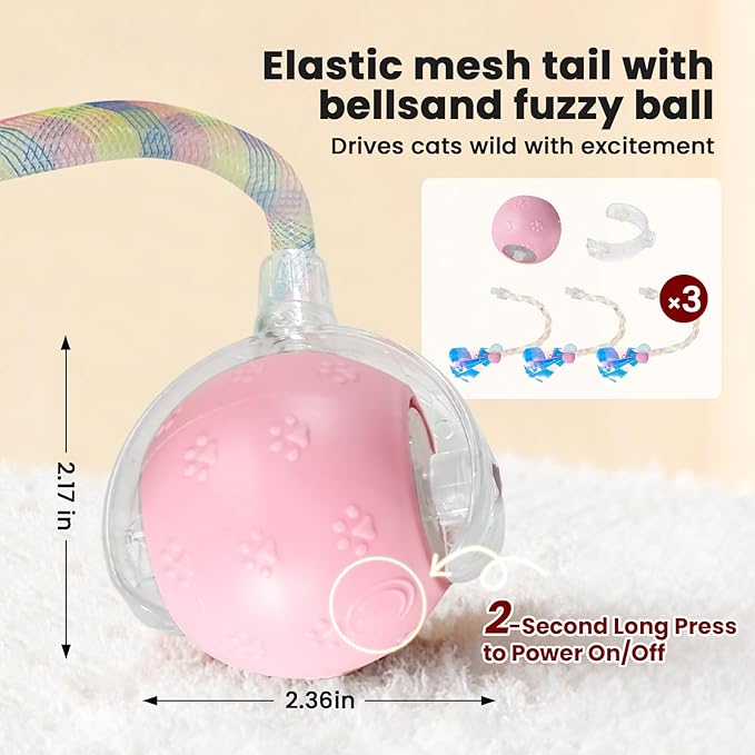 Rocfish Durable Interactive Cat Toys for Indoor Cats, Smart Automatic Cat Chase Ball Toy, Upgraded Speedy Tail Kitten Toy for Bored Indoor Adult Pets (NEW Pink)