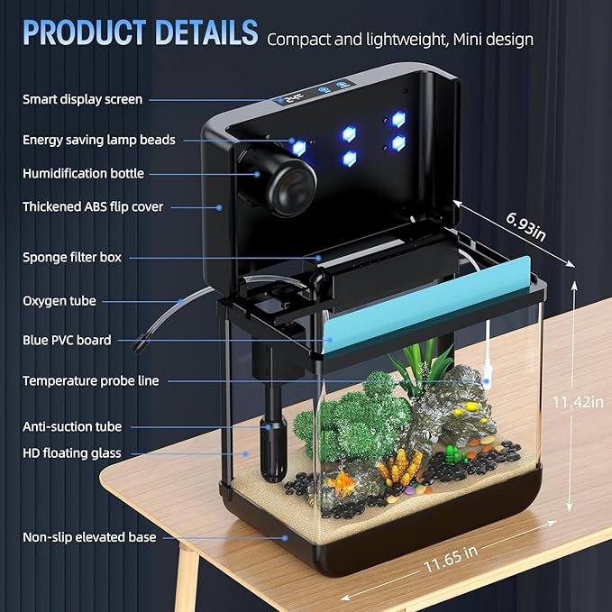 Fish Tank 2.2 Gallon,Small Fish Tanks Kits,Aquarium Fish Tank Starter Kit with 3-in-1 Silent Pump and 7 Color Led Light,with Temperature Display,for Fish,Shrimp,Betta(Black-2.2 Gallon)