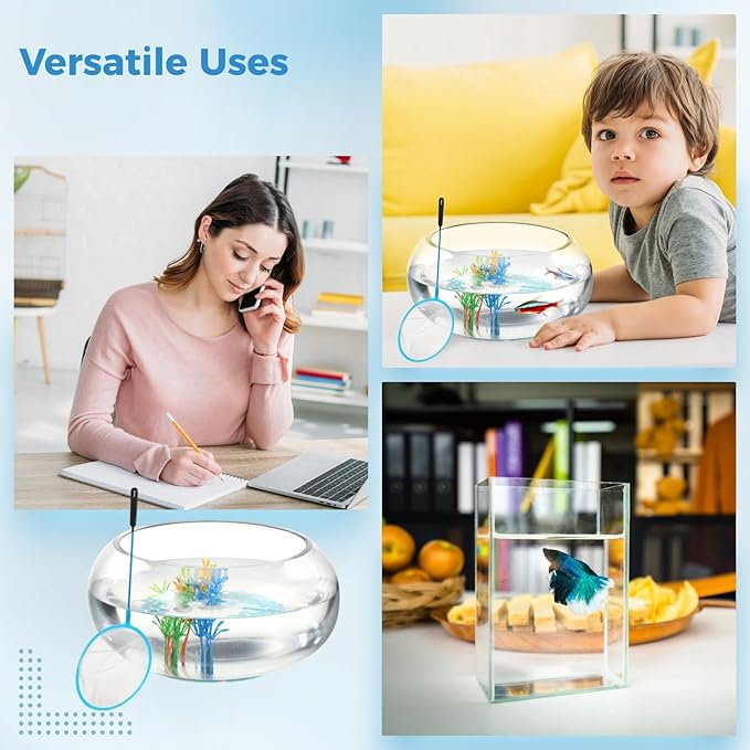 Glass Fish Bowl Set, Round Glass Fish Tank with Luminous Pebbles, Artificial Plants and Net, Small Fish Bowl Vase Aquarium for Home Office Decor (Transparent)