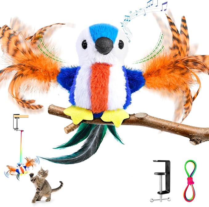 Cat Toys Flapping Bird, Catnip Toys for Indoor Cats Interactive Automatic Kitten Toy Kicker - Baby Plush/Feather/Crinkle, Rechargeable 4 Sounds/Off, Timed & Touch Activated, Clip & Hanging Rope