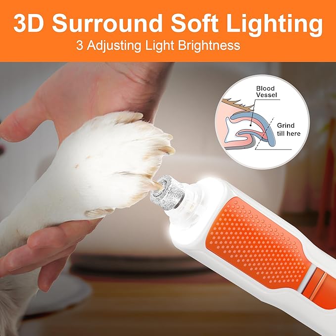 7-Speed Dog & Cat Nail Grinder with Light - Ring LED Safe to Avoid Overcut, Quiet Low Vibration & Powerful Fast, Cordless Rechargeable Toenail Trimmer for Small & Large Puppy & Breeds Paws(White)