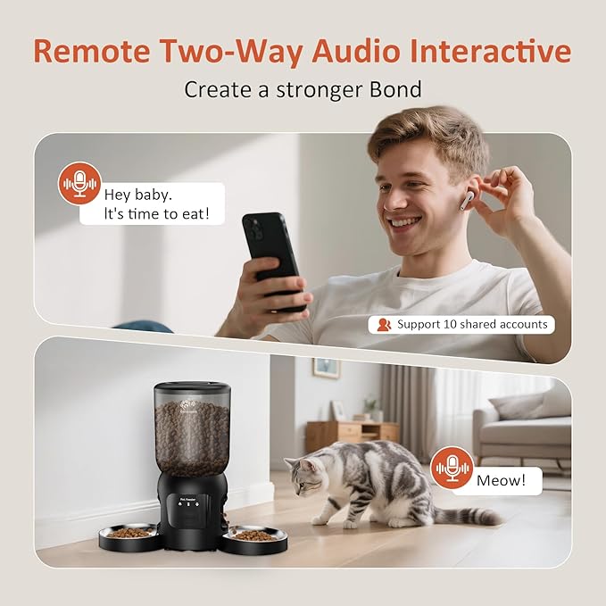Automatic Cat Feeder with Camera for 2 Cats, 2K HD Video with Night Vision, 5G/2.4G WiFi with 2-Way Audio, Timed Automatic Cat Feeders for Cat & Dog, Dual Power, Black