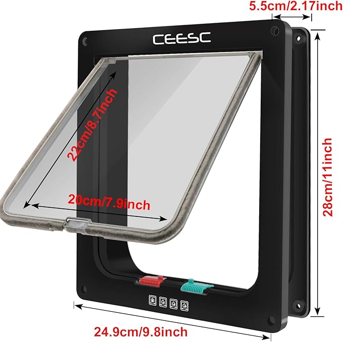 CEESC Extra Large Cat Door (Outer Size 11" x 9.8"), 4 Way Locking Large Cat Door for Interior Exterior Doors, Weatherproof Pet Door for Cats & Doggie with Circumference < 24.8" (Black)