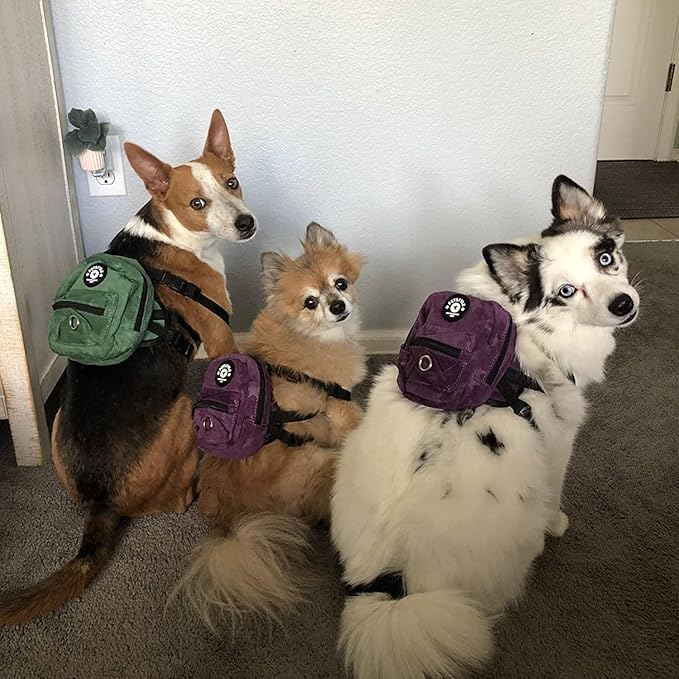 FLAdorepet Dog Backpack Harness with Leash, Dog Poop Bag Dispenser, Pet Self Carrier Adjustable Travel Hiking Walking Harness Backpack for Small Medium Dogs (S((Fit:5-10lb) Purple)