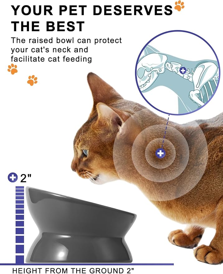 Y YHY Raised Cat Food Bowl, Ceramic Elevated Bowl, Protects Cat's Spine, Anti Vomiting, Backflow Prevention, Grey