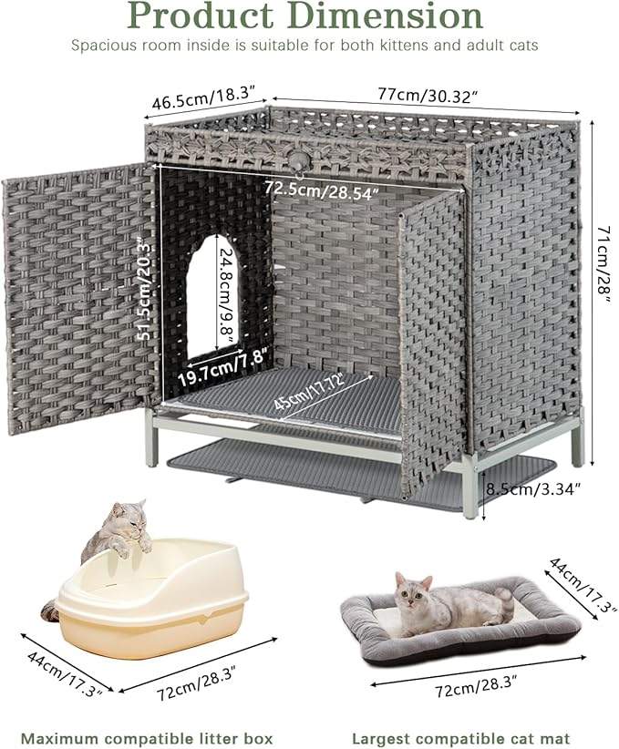 Cat Litter Box Enclosure Furniture, Hidden Handwoven Rattan Litter Box with Mat, Large Cat House with Metal Heightened Feet, 30.3 x 18.3 x 28 Inches, Indoor for Living Room, Bedroom Gray