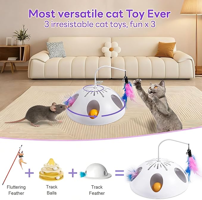 Cat Toys, Interactive Cat Toy for Indoor Cats, Automatic Interactive Kitten Toy, Fluttering Feather, Track Balls, Rotating Track Feather Enrichment Kitty Toys for Multi-cat Family (White)
