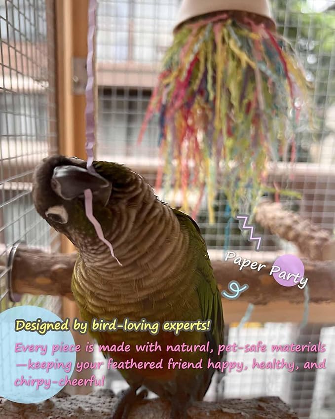 Bird Toys, Vibrant Shredding Parrot Toys | Bird Cage Accessories with Wooden Topper, Colorful Paper Strips