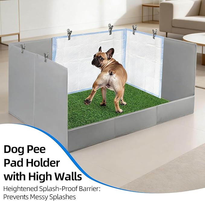 High Walls Dog Pee Pad Holder with Artificial Grass, 32.3"x22"x15.7" Foldable No-Splash No Assembly Indoor Dog Litter Box for Small/Medium Dogs Puppy Potty Training (Gray1)
