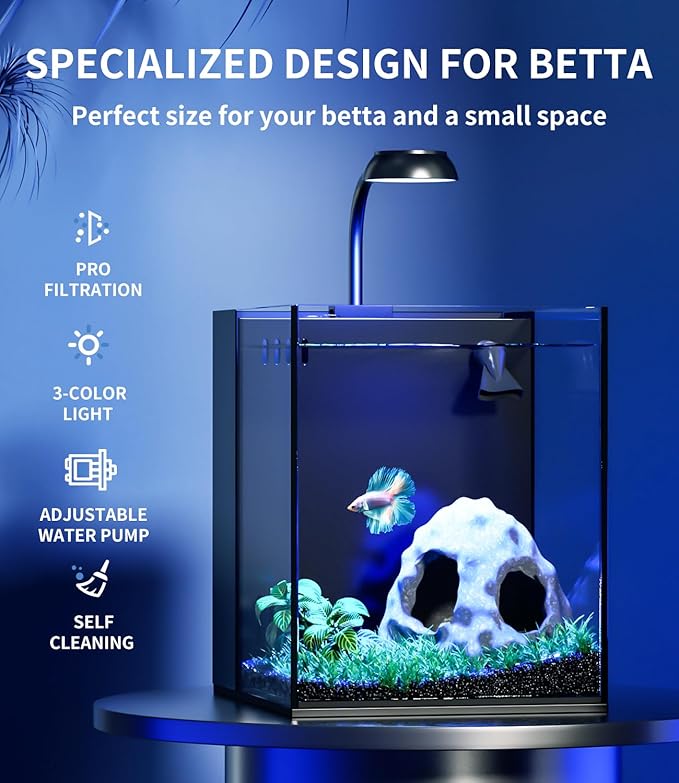 2 Gallon Fish Tank Aquarium Kit with Hidden Filtration, LED Light, Lid, Small Rimless Glass Betta Tank