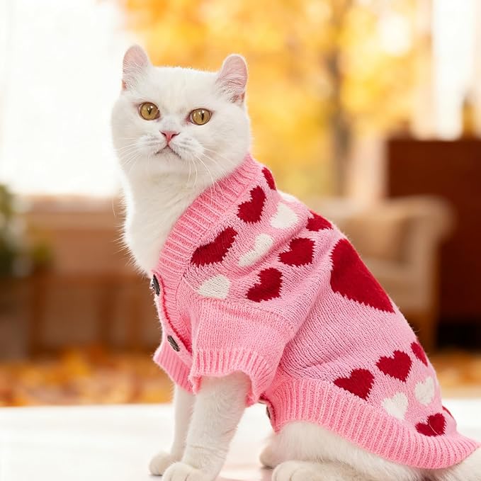 EXPAWLORER Cat Valentines Outfit Sweater Cardigan - Valentine's Day Knit Cat Clothes, Soft Puppy Sweater with Sleeve, Cute Warm Pet Clothing Knitwear, Kitten Coat for Girl Boy Cats, Love Heart L
