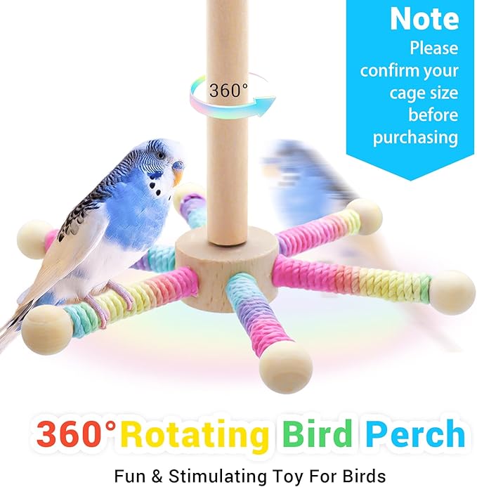 Bird Rotating Perch Toys,Parakeet Interactive Stand Perch Toy,Wooden Exercise Wheel Parrot Toys,Cockatiel Toys for Bird Cage Accessories for Small and Medium Parrots (6 Perch)