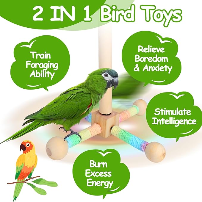 Mity rain Bird Toys - 2 in 1 Interactive Rotating Perch Toy with Foraging Toys, Flexible Stand for Parrots Lovebird Cockatiel Conure, Bird Playground for Small to Medium Birds, Bird Cage Accessories