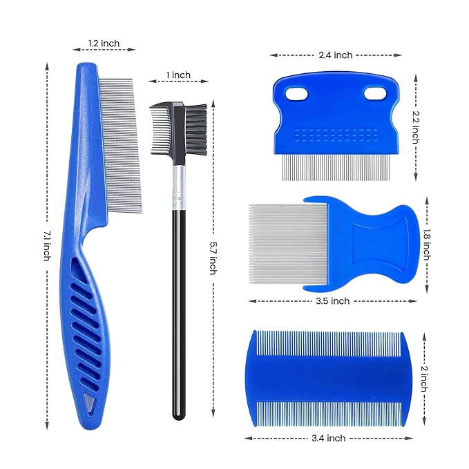 5 Pack Flea & Lice Comb Set for Cats, Dogs & Kids – Stainless Steel Fine Tooth Nit Comb Kit with Double-Sided Tear Stain Remover, Grooming Brush & Peine para Piojos for Thick Hair (Blue)