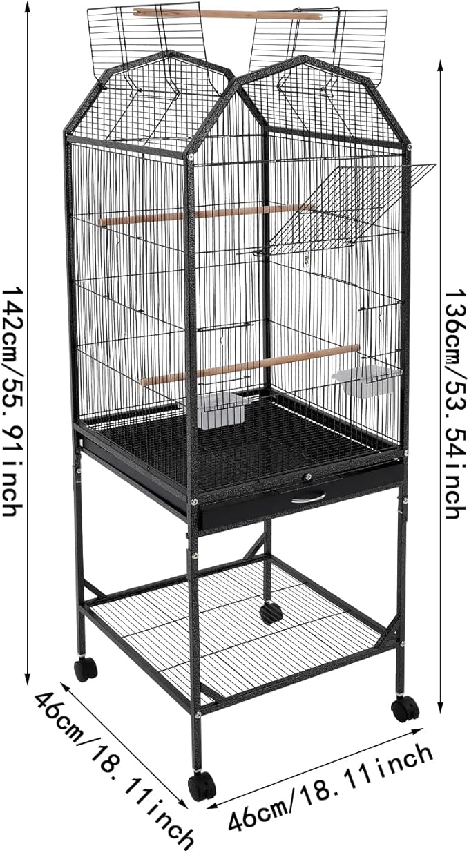 Large 46" Rolling Bird Cage for Mid-Sized Parrots with Detachable Stand, 4 Universal Wheels & Removable Tray, Iron Birdcage for Cockatiels, Parakeets, Finches (Black)
