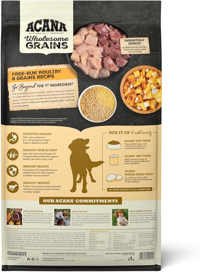 ACANA Wholesome Grains Dry Dog Food Free-Run Poultry & Grains Recipe with Cage-Free Eggs 22.5lb Bag