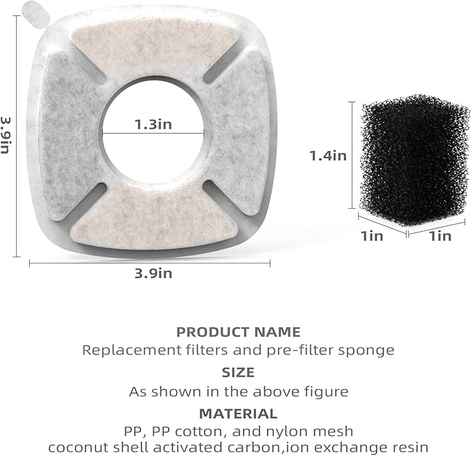 Cat Water Fountain Filter Pet Drinking Fountain Filter, Compatible with 67/95/135/85oz Automatic Pet Dispenser, Triple Filtration Dog Fountain Filter, 4 Pack (4 Carbon Filters+4 Sponge Filters)