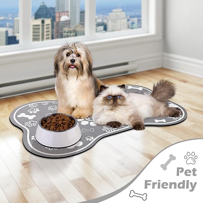 Dog Cat Food Mat, Rapid Absorbent Pet Feeding Placemat, Bone Shaped With Rubber Backing, No Stains Indoor, Pet Accessories Supplies 17"29" Grey
