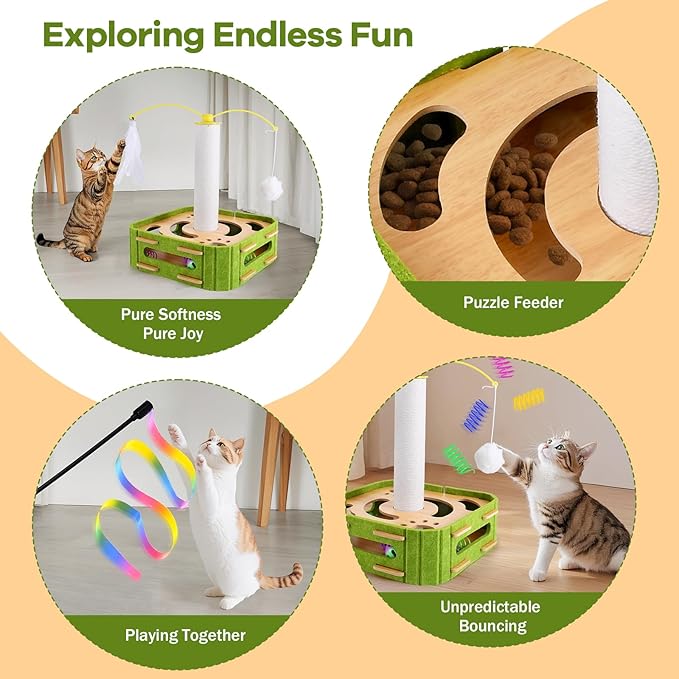 5-in-1 Cat Toys Interactive Wooden Cat Puzzle Toy Intelligence Treat Puzzle Feeder Box Game Enrichment Accessories with Jingle Balls, Wands, and Spiral Springs for Indoor Kitten Adult Cat