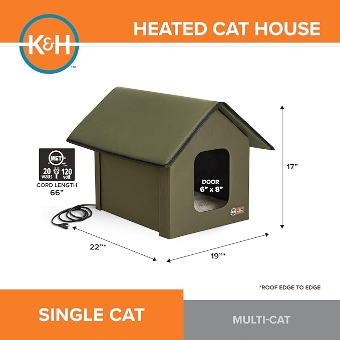 K&H Pet Products Heated Outdoor Cat House for Outside Pets in Winter, Weatherproof Outdoor House for Ferals, Insulated Kitty Shelter, 2 Doors, Waterproof Heated Cat Bed, Safety Listed - Olive/Olive