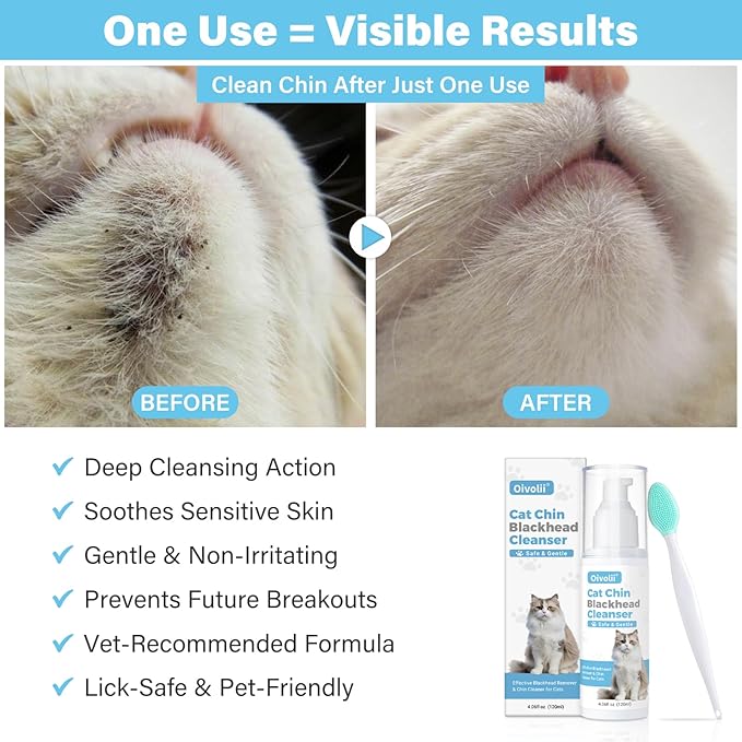 Cat Acne Chin Cleaner & Blackhead Remover – Deep Pore Feline Chin Acne Care Lotion with Silicone Brush – Cat Chin Scrubber for Black Chin Buildup – Gentle Coconut Scent – 4 fl oz