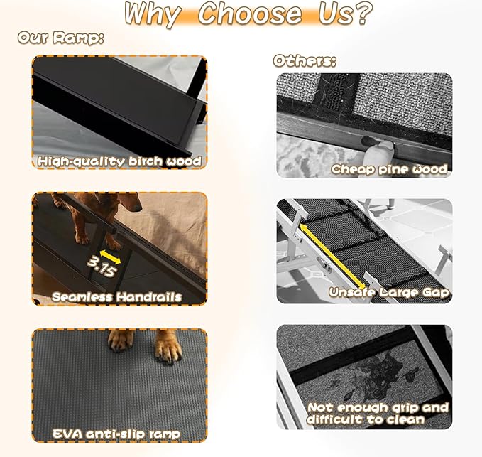 61" Dog Ramp for Bed,Birchwood Pet Ramp with Removable Side Rail and Non-Slip Surface, Pet Ramp for Small & Large Dogs with Rest Platform and DIY Glow Strips,Dog Stairs for Couch, Black