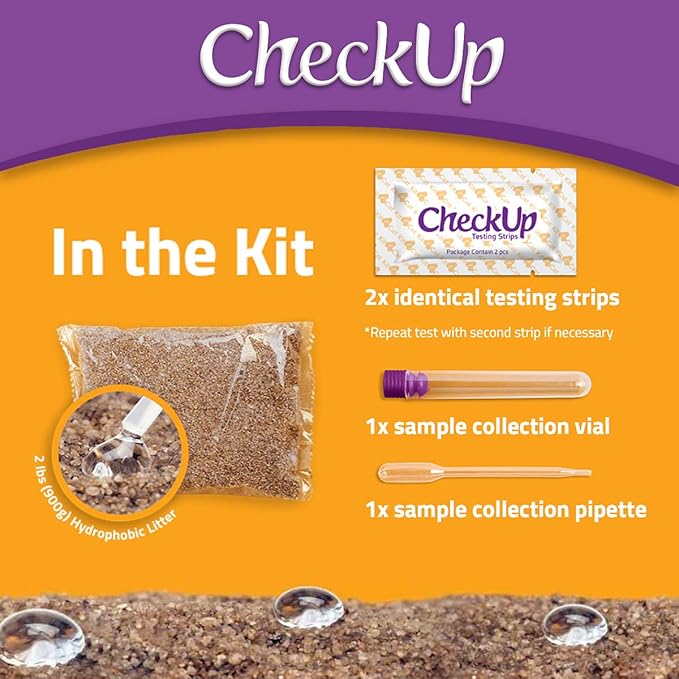 KIT4CAT CheckUp at Home Cat Wellness Test Kit | 2lb Hydrophobic Litter keeps urine on top, 2 Test Strips for The Detection of The 4 Most Common Health Indicators - pH, Protein, Glucose, Blood in urine