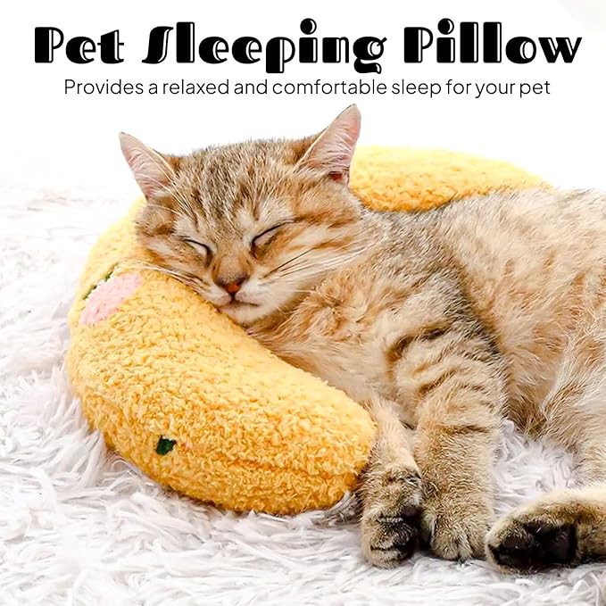 U-Shaped Calming Pillow for Cats and Dogs - Super Soft Plush Fabric, Cozy Headrest, Neck Support for Deep Sleep, Kitten Headrest, Pet Bed (White + Yellow)