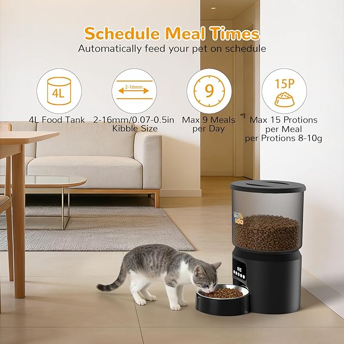 Automatic Cat Feeders, 4L Timed Cat Dry Food Dispenser Auto Pet Feeder for Cats and Small Dogs Dual Power Supply 9 Meals Programmable 1-15 Portion Per Day with Stainless Bowl Easy Clean