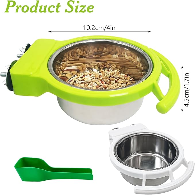 BNOSDM 2 PCS Bird Feeding Dish Cups with Perch Stand Hanging Stainless Steel Bird Bowls Food Container Food and Water Bowls with Spoon for Budgie Cockatoo Finch Lovebirds Pigeons (Green&White)