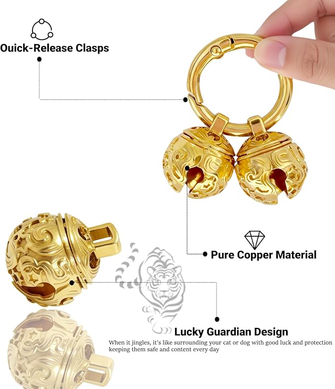 Dog Bells for Collar - 2 Pack Gold Plated Brass Dog & Cat Bells with Engraved Protective Charm, Quick Clasp for Anti-Lost Tracking, Gift for Small & Medium Pet Lovers (Gold,S+M)