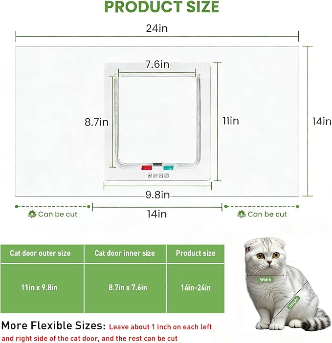 Cat Door for Window, Fits 14"-24" Width Window, Cat Window Door with 4 Locking Modes, Weatherproof Window Cat Door Insert, Magnetic Closure, Easy Installation, Clear Plexiglass