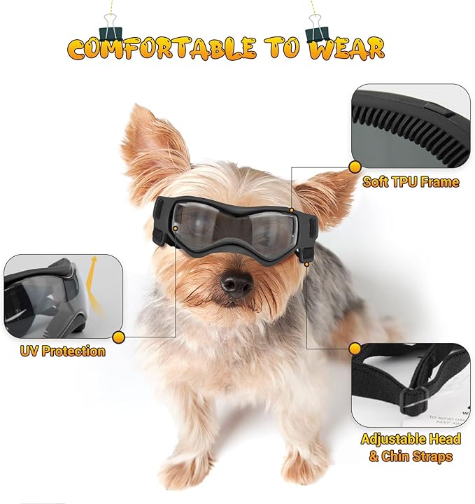 Dog Goggles Small Breed, Dog Sunglasses Small Breed Dog Eye Sun Light Protection, UV Protection Goggles for Dog with Adjustable Straps, Small Black