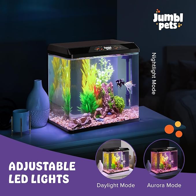 JumblPets Starter Fish Aquarium Kit, 4 Gallon, Complete Beginner Glass Fish Tanks Set with LED Lighting, Internal Filtration System, Filter Media Set, Hood & Lid, Ideal for Freshwater and Marine Fish