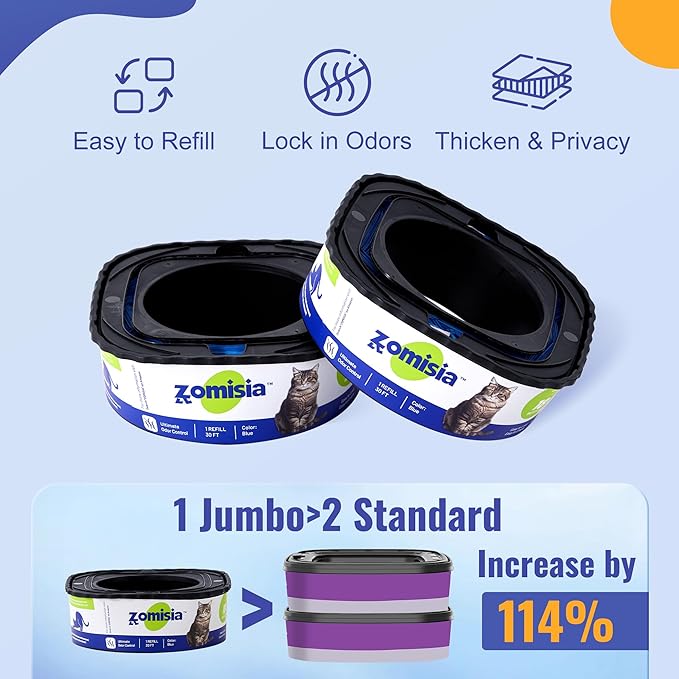 2 Pack Cat Litter Refill Bags, Non-See-Through Jumbo 60FT Cartridge Refill Total Up to 36 Weeks (Over 8 Months) Per Cat for Odor Control, Compatible with Genie Standard, Plus, Style, Design