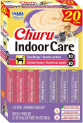 INABA Churu Indoor Care for Hairball Control, Functional Lickable Cat Treat with Taurine & Green Tea Extract, 0.5oz Each, 20 Tubes Total, Tuna & Chicken Variety