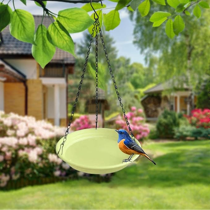 Hanging Bird Feeder and Waterer Tray Water Feeding Bowl Garden Decor with Chains Sturdy Birds Water Station for Backyard Yard, Yellow