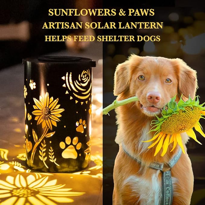 iHeartDogs Pet Memorial Gifts - Artisan Shadow Solar Lantern 'Sunflowers & Paws' - This Pet Loss Gift Feeds 7 Shelter Pets in Honor of Your Departed Pet