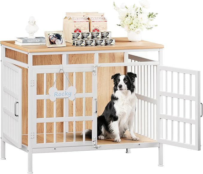 Large Dog Crate Furniture, Wooden Dog Kennel Furniture for Medium Large Dogs, Double-Doors Sturdy Metal Dog Cage for Anxiety Dog, Anti Escape Wooden Cage with Name Tag End Table, TV Stand Beige