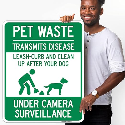Pet Waste Leash-Curb and Clean Up After Your Dog Under Camera Surveillance Sign, 24x30 Inches, 55 mil Thick HDPS (high Density polystyrene), Made in USA