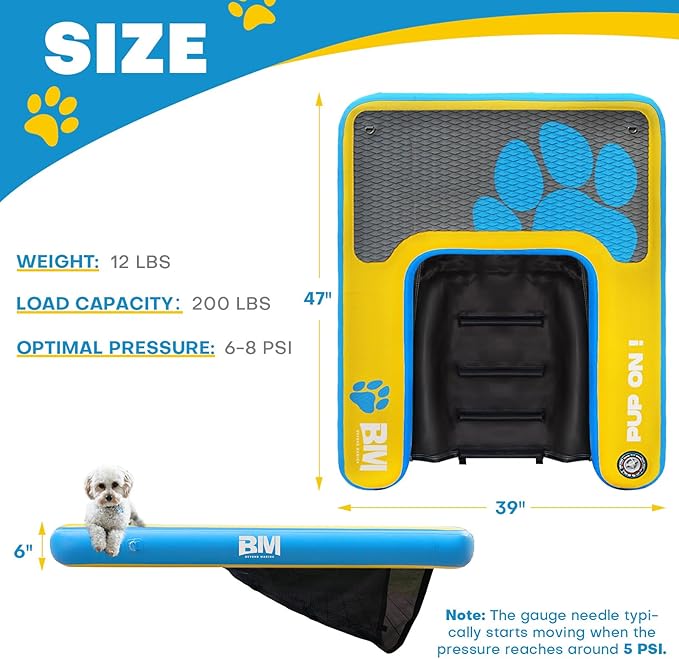 Beyond Marina Dog Pool Ramp, PUP ON! Inflatable Dog Water & Boat Ramp for Lake & Dock, Floating Pontoon Dock Ladder with Non-Slip EVA Platform, Extra Large 4 ft x 3.3 ft, Blue/Yellow, Supports 200 lbs