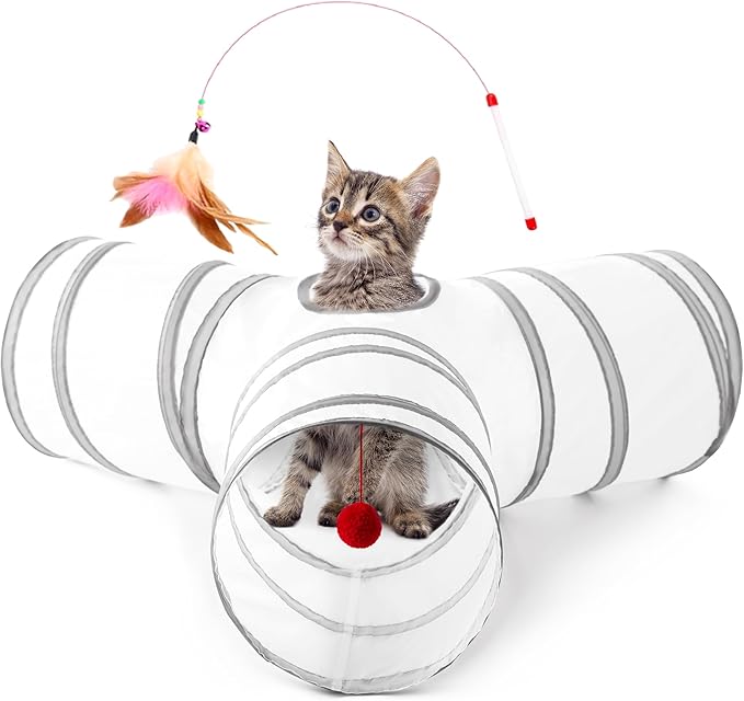Love’s Cabin Cat Tunnel for Indoor Cats, 3-Way Collapsible Play Tunnel with Teaser Wand, Peek Holes & Toy Ball, Small Pet Toy for Kittens & Rabbits, White & Light Grey, Small Size