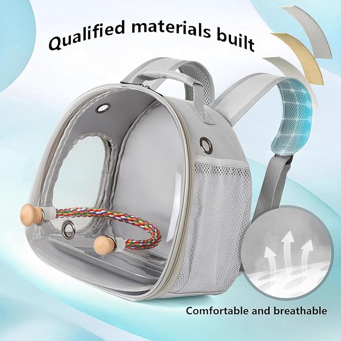 Small Bird Travel Backpack Carrier Cage, Backpack to Transport Backpack Carrier with Metal Tray Stand Perch for Parakeet Cockatiel Budgies Vet Carry Book Bag Grey