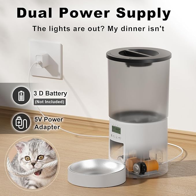 Automatic Cat Feeder for 2 Cats,6 Meals/Day,Dual Power,Dry Pet Food Autofeeder Portion Control,Timer Setting,10S Voice Record (Transparent White, 4.2L-Stainless Steel 2 Bowls)