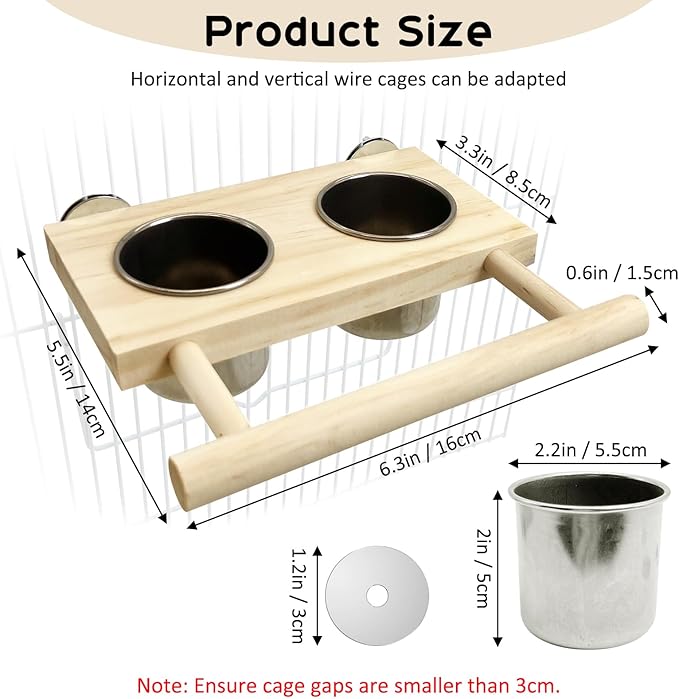 Tfwadmx Bird Feeding Dish Cups with Wooden Platform Hanging Stainless Steel Parrot Cage Feeder Bowl Wood Perch Stand for Parakeet Cockatiels Lovebirds Budgie (Small)