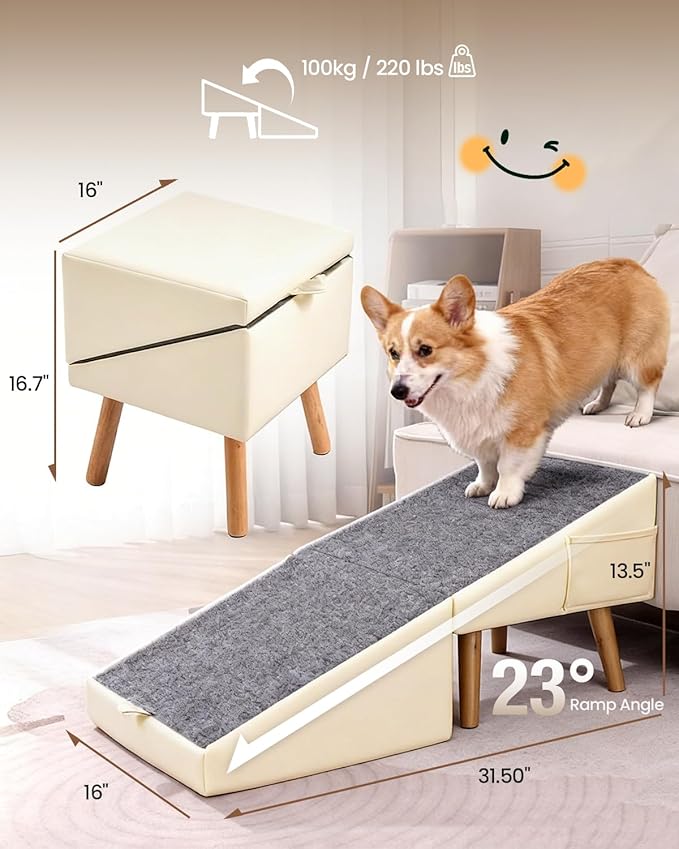 Dog Ramp for Couch & Bed, 2-in-1 Dog Stairs for Small and Medium Dogs & Cats, 16'' Indoor Pet Ramp with 23°Gentle Slope, Non-Slip Felt, Joint Protection for Senior & Injured Pets, Sturdy Ottoman-Style
