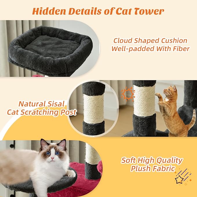 Sweetcrispy 44 Inch Cat Tree Tower, Cat Climbing Tower with Natural Sisal Scratching Posts, Hammock, Pet Condo for Indoor Cats and Kittens Play, Black and Red
