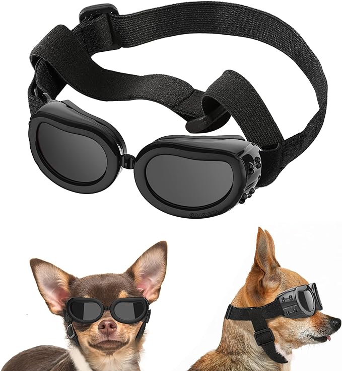 Lewondr Dog Sunglasses Small Breed Goggles UV Protection,Goggles for Small Dogs Eye Wear Protection with Adjustable Strap Windproof Anti-Fog Sunglasses for S-mall Doggy Doggie Glasses,Black