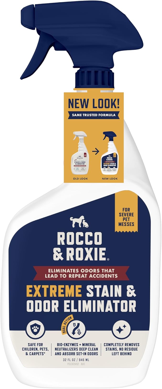 Rocco & Roxie Extreme Stain & Odor Eliminator for Strong Odor, Pet Urine Enzyme Cleaner Destroyer, Stain Remover, Dog Poop and Cat Pee, Enzymatic Carpet Cleaner Spray for Home, Puppy Potty Training