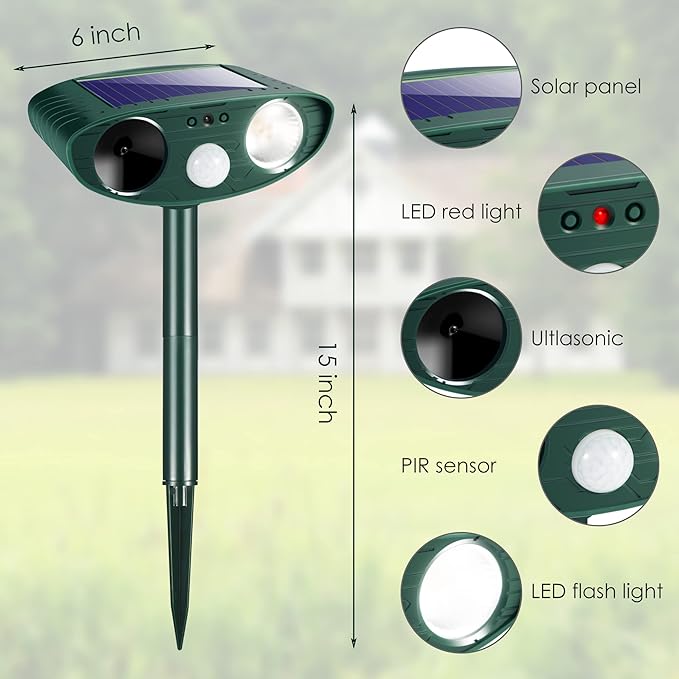 4 Pcs Solar Ultrasonic Animal Repeller Outdoor, Cat & Deer Repellent with Strobe Light, Waterproof Animal Deterrent Devices to Protect Garden Yard from Rabbit, Raccoon, Squirrel, Dog, Coyote, Skunk